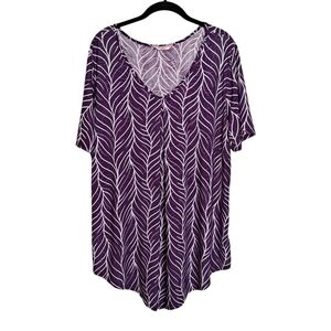 Vine Pattern V-Neck Short Sleeve Blouse with Single Front Pleat Aubergine
